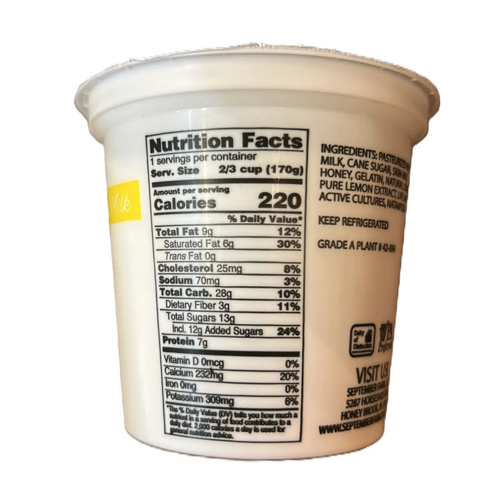 September Farm Natural Yogurt - Lemon Honey, 6oz (170g)